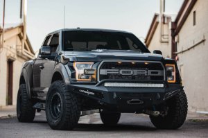 Ford F-150 Raptor Front Bumper - Addictive Desert Designs - HoneyBadger with Winch Mount - Hammer Black with Satin Black Panels - `17-`18